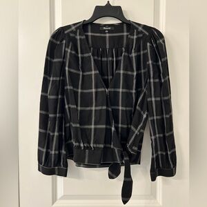 Madewell Black and White Wrap Blouse 3/4 Sleeve Tie Front